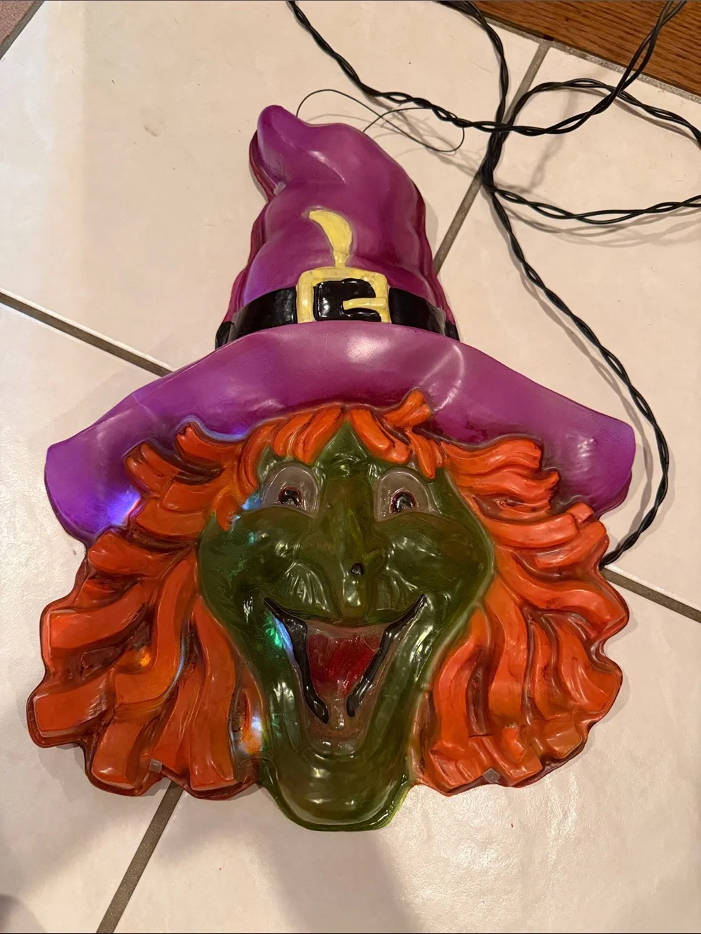 Vintage Halloween Witch Face Light - Purple Hat, Green Face, Orange Hair